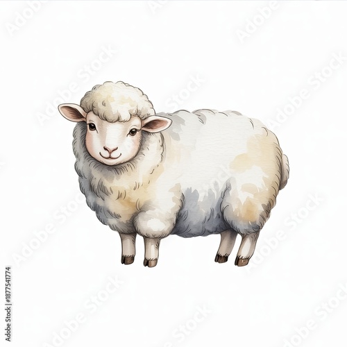 Watercolor Illustration of Sheep Standing, Isolated on White