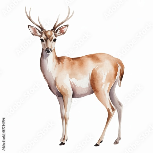 Watercolor Illustration of Deer Standing, Isolated on White