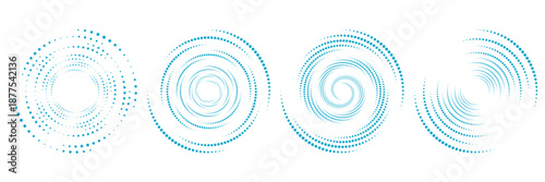 Blue abstract dotted circular and spiral pattern on white background