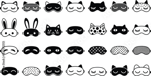 Collection of thirty creative sleep masks with animal ears, patterns, closed‑eye illustrations, black and white designs for bedtime comfort