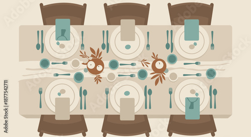 A formal dining table setting for six with autumnal decorations. Top view of place settings with chairs at a long table. Holiday meal planning with tableware and fall foliage.