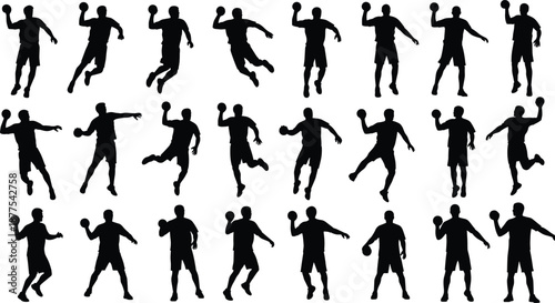 Collection of twenty‑four dynamic handball silhouettes showing athletes with ball in action poses for sports training, fitness, and design