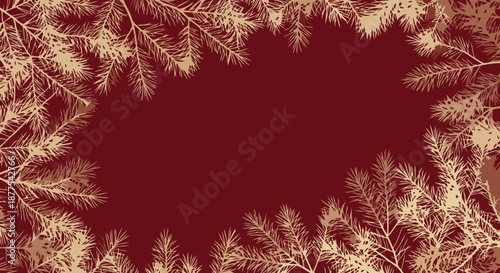 Golden pine branches framing a deep red background with empty space for text.