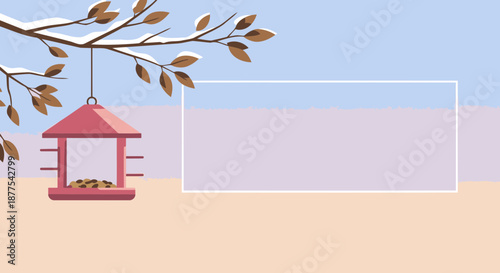 A pink bird feeder hangs from a snow-dusted branch with brown leaves on a pale blue and lilac background.