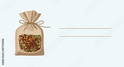 Illustration of a spice bag with dried herbs and spices inside against a plain background