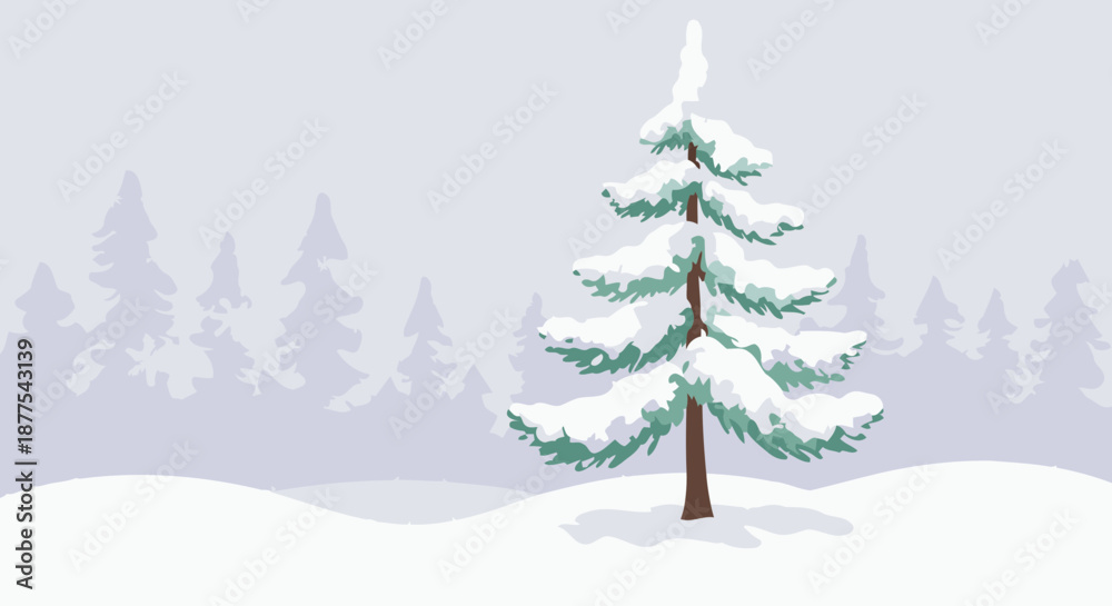 Obraz premium Snow-covered evergreen trees in a foggy winter forest. Isolated spruce with snow on branches in a serene woodland scene.