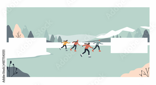 Group of diverse friends ice skating on a frozen lake in a mountainous winter landscape