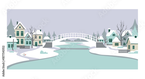Winter village scene with snow-covered houses and a frozen river under a pale sky. An arched bridge spans the icy water, connecting quaint buildings on either side of a serene, snow-laden landscape.