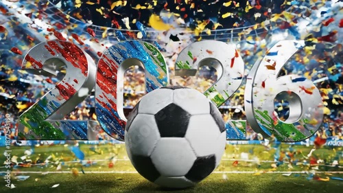 Dynamic  soccer ball on abstract vibrant background with particles
