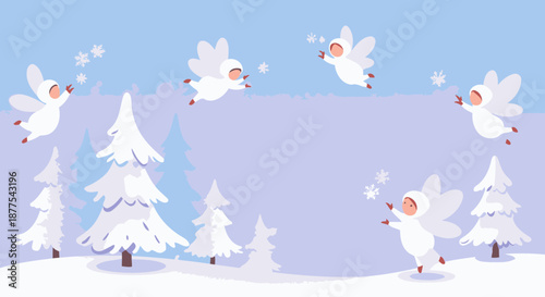 Tiny winged figures in white snowsuits dance in a winter forest with falling snowflakes, a magical Christmas scene