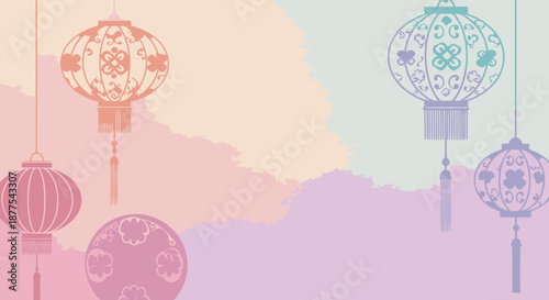 Traditional Chinese lanterns hang against a soft pastel watercolor background.