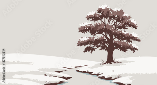 Minimalist winter tree landscape with snowy banks and a flowing stream.