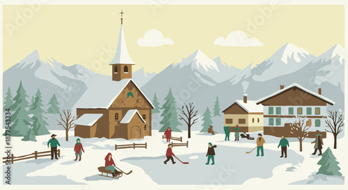 Diverse people in winter attire playing hockey and sledding in a snowy mountain village.