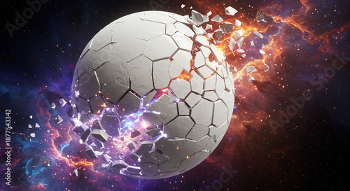 Explosion cosmique dramatique une sph�re blanche se brise avec une lumi�re intense illuminant la n�buleuse vibrante. AI Generated