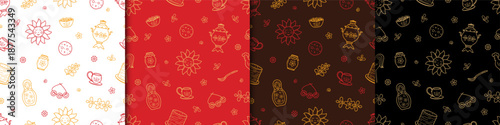 Set of seamless patterns Maslenitsa is a traditional holiday marking the end of winter. Background Shrovetide. Vector doodle illustration wallpaper.