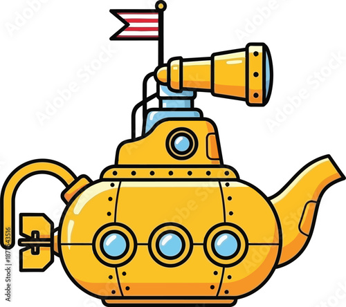Quirky yellow submarine teapot cartoon fusion design with periscope flag and rivets steampunk style vector illustration for nautical decor