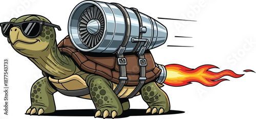 Speedy tortoise wearing sunglasses with jet engine on its back blasting fire and smoke accelerating fast