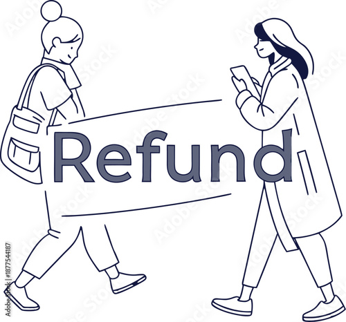 Navigating the Refund: Two figures engage in a dialog on refund, an outline illustration, symbolizing an interaction about transactions, customer satisfaction, or financial returns. 