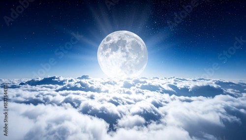 Giant full moon shines above a sea of fluffy clouds, against a deep blue starry sky
