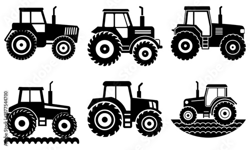 Six black and white tractor silhouettes on a white background farm equipment machinery