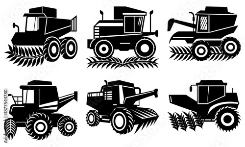 Six Black Agricultural Combine Harvester Silhouettes on White Background agricultural machinery black silhouette