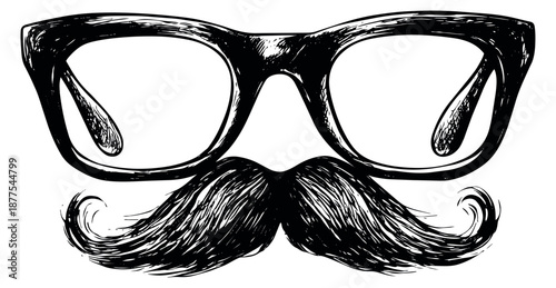 Hand drawn line art illustration of a mustache and glasses depicting a hipster look for retro party designs