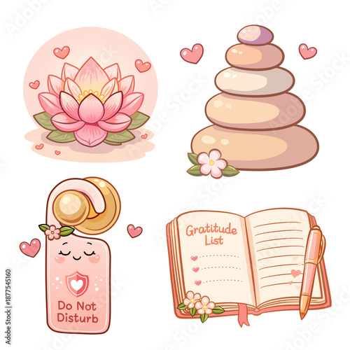 Cute Self-Care and Mindfulness Vector Illustration Set. Kawaii Pastel Stickers for Mental Health and Relaxation. Set of Lotus, Zen Stones, Gratitude Journal, and Do Not Disturb Sign.