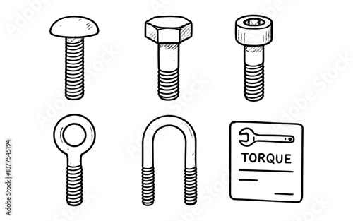 Hand drawn screws and bolts set with torque tool on white background