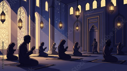 Muslims praying in a mosque at night spiritual gathering for Ramadan or Eid serene Islamic worship scene with architectural details
