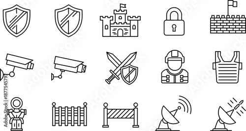 Security and defense icon set for protection system and military safety