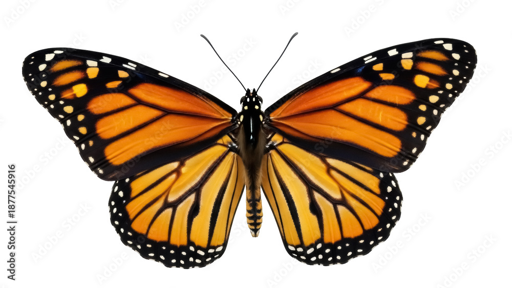 Fototapeta premium Isolated beautiful Monarch butterfly with fully open wings, a colorful insect for design use
