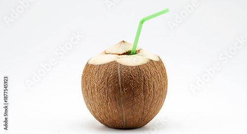 Noix de coco fraiche ouverte avec paille verte prete a boire la lumiere douce sublime sa texture tropicale. AI Generated