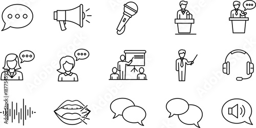 Communication icon set. Featuring microphone, megaphone, speech bubble, presenter, podium, headset, and sound wave symbols