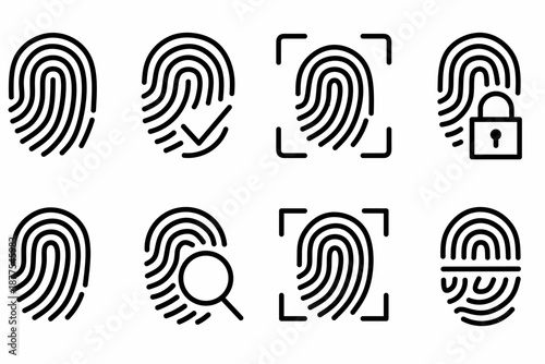 Fingerprint icon set. Including verification, scanning, secure lock, magnifying glass, and biometric identification symbols