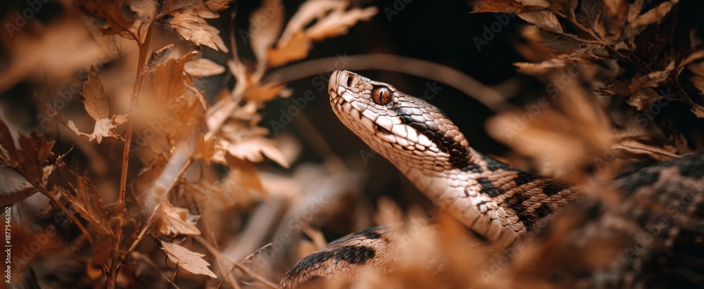 Fototapeta premium Viper moves silently over cracked leaves evoking wild tension and quiet danger.