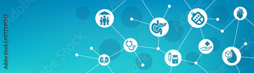 Diabetes vector illustration. Blue banner with icons related to diabetes monitoring and diagnostics, health care, blood glucose check, most affected organs (pancreas, kidneys, heart).