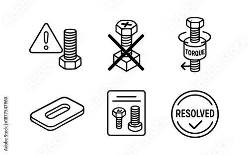 Monochrome line art set of screws and hardware symbols for diy projects
