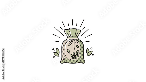 Money bag with coins and leaves.