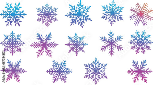 Collection of twelve distinct stylized snowflake icons featuring vibrant blue and purple gradient color transitions perfect for winter design projects