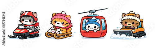 Cute cartoon cats enjoying winter activities: snowmobile, sled, gondola, snowplow