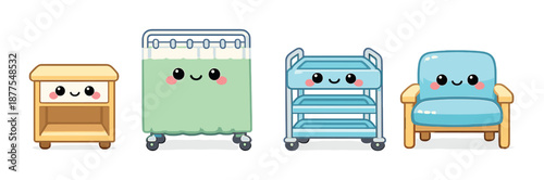 Cute kawaii furniture characters: nightstand, shower, trolley, chair with smiling faces