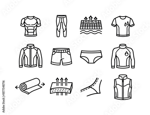 High-Performance Clothing Icons. High-Performance Clothing. Line icon set of High-Performance Clothing: compression shirt, athletic leggings, breathable fabric