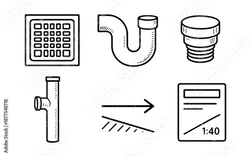 Sketched plumbing tools and diagrams for construction projects