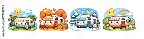 Cute seasonal rv camping adventure with cartoons in summer, autumn, winter, and spring