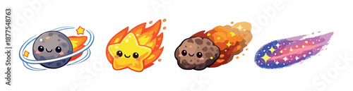 Cute celestial characters with whimsical faces and colorful trails