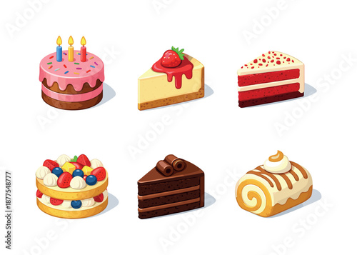 Colorful Cake Icons. Cakes. Isometric flat vector icons set of cakes: birthday cake, cheesecake slice, red velvet cake, fruit sponge cake, chocolate layer
