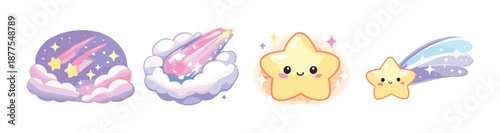 Kawaii stars and comets illustration with cute celestial elements