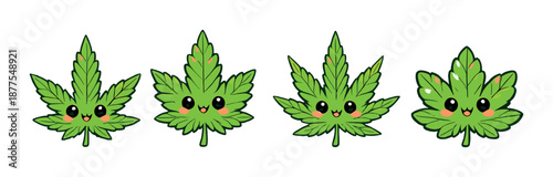 Cute cartoon leaves with smiling faces on green gradient background