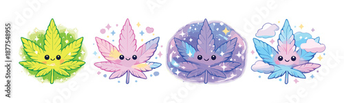 Cute cartoon marijuana leaves with happy faces and different decorations