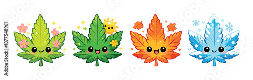 Cute cartoon cannabis leaves representing four seasons in bright colors